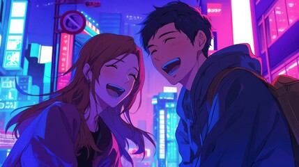 Wall Mural - Two young people laughing joyfully in a vibrant, neon-lit urban setting.