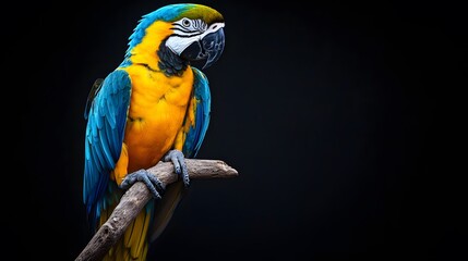 Blue and Yellow Macaw on Black Background, Realistic Photo, Texture, Pattern Background, Wallpaper, Cover and Screen for Smartphone, PC, Laptop, 9:16 and 16:9 Format