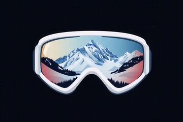 Wall Mural - Sleek ski goggles showcase a breathtaking reflection of snow-capped peaks and evergreen forests under a clear sky. Generative AI