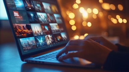 Poster - Person working on a laptop with a blurry background of lights