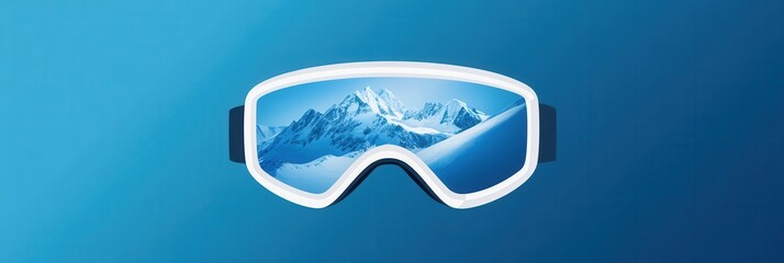 Poster - Ski goggles display a vibrant reflection of majestic, snow-covered mountains, evoking a sense of winter adventure. Generative AI
