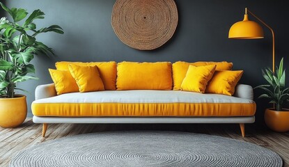 Wall Mural - Modern Living Room Interior Design with Yellow Sofa and Grey Rug