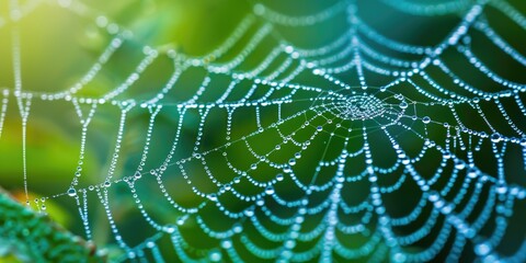 Wall Mural - Dew-drenched spiderweb against a softly blurred backdrop.