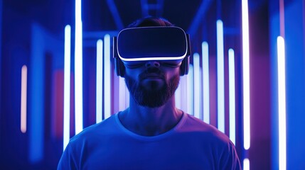 Wall Mural - Man in VR Headset Standing in Neon Light Room