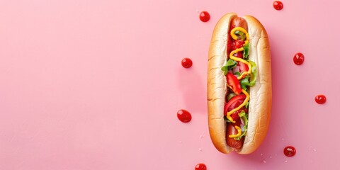 Poster - Aerial perspective of a tasty hot dog set against a pink backdrop.