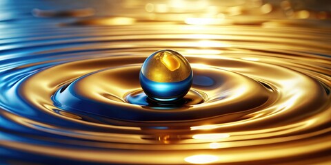 Golden liquid rippling and a blue sphere , liquid, gold, ripple, blue, sphere, shiny, texture, abstract, vibrant