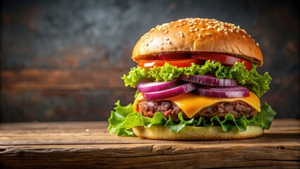 Delicious burger with fresh toppings on sesame seed bun served with greens on kitchen table, juicy, burger, lettuce