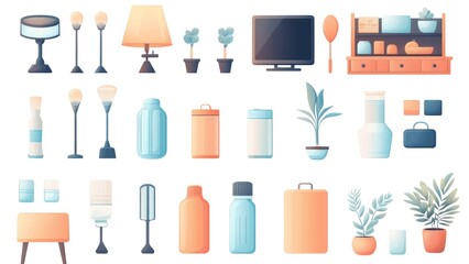 Aufkleber - A collection of various objects, including a TV, a lamp, a potted plant