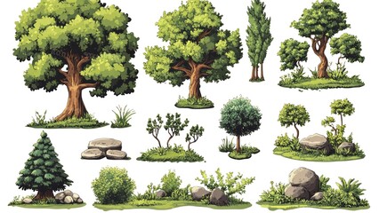 Poster - A collection of trees and bushes, including a large tree, a small tree