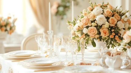 A glamorous banquet table for a wedding celebration, decorated with a mix of vintage and modern elements, including a lush bouquet of roses, fine china, crystal glassware, and an elegant white table