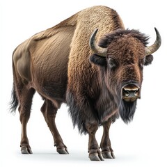 A large buffalo stands in front of a white background