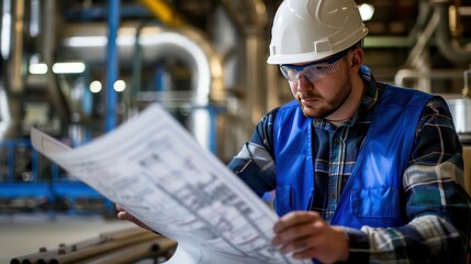 A worker in a hard hat and safety glasses carefully reads a blueprint in a factory setting.