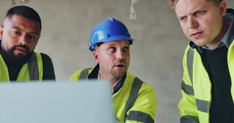Poster - team, construction site and talk with laptop, management and review for building design. male people