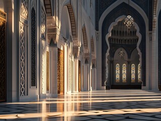 Wall Mural - Interior of a mosque with intricate details and sunlight streaming through the arches