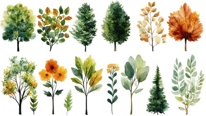 Poster - A collection of trees and flowers painted in watercolor