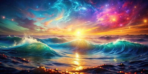 Mystical sea with swirling colorful waves and shimmering light , mystical, sea, ocean, underwater, water, waves, colorful