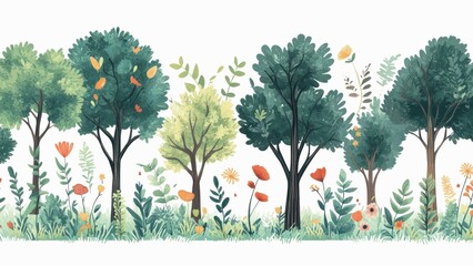 Poster - A row of trees with flowers in between them