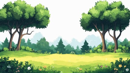 Poster - A lush green field with two trees in the foreground