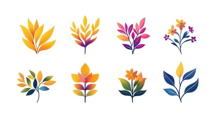 Fototapete - A set of colorful leaves and flowers