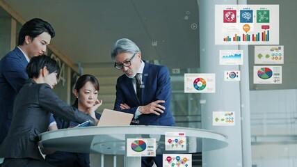 Aufkleber - ロビーで会議するビジネスパーソンのグループとビジネスデータ