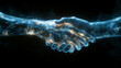 © NE97 - A human shaking hands with an AI in a cyan energy-filled space against a black background.