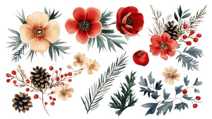 Poster - A collection of flowers and leaves in various colors, including red, yellow