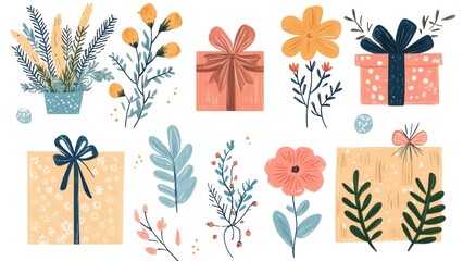 Poster - A set of colorful flowers and boxes with bows on them