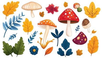 Poster - A collection of colorful mushrooms and leaves