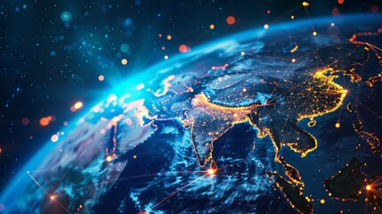 Poster - Digital landscape photography of Asia, global network connectivity, cyber technology, data transfer, business exchange, information and telecommunications.