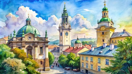 Watercolor painting of Dominican church and bell tower in Lviv, Ukraine , Lviv