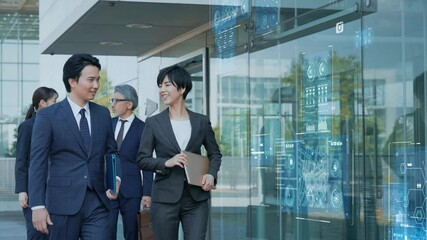 Poster - 歩きながら会話するビジネスパーソンのグループとデジタルテクノロジー