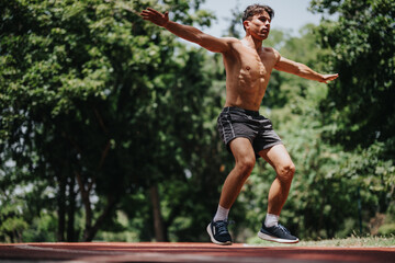 Wall Mural - Young man performing physical training exercises outdoors in the park. Focused and athletic individual working out on a sunny day.