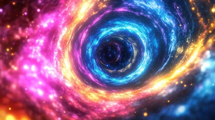 Spiral of neon light rays in blue, pink, yellow, and purple, capturing the speed of light in a galaxy explosion against a black universe backdrop