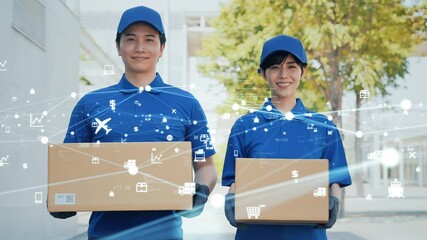 Aufkleber - 荷物を運ぶ配達員と物流ネットワーク