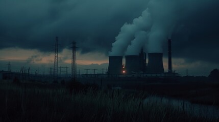 A power plant with large smokestacks releases thick plumes of smoke into a dark, overcast sky. The industrial scene is set against a backdrop of ominous clouds and electrical towers, evoking themes of