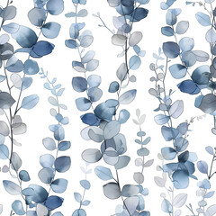 Wall Mural - A pattern of delicate watercolor eucalyptus leaves in shades of blue and grey, elegant pattern on a white background, creating calming and stylish home decor or some nature inspired charm 