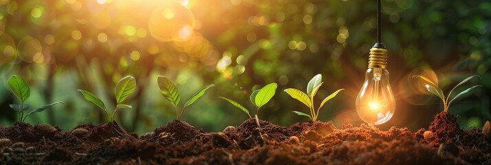 Wall Mural - Seedlings Emerging from Soil Reflecting Growth Patterns and a Light Bulb Representing Innovation and Fresh Ideas for Future Success.