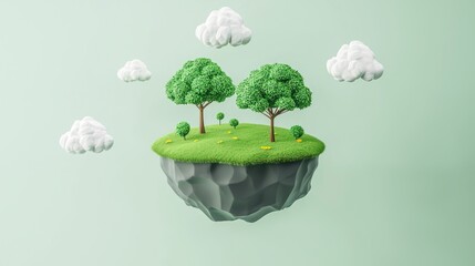 A Miniature Floating Island with Two Trees, Green Grass, and White Clouds