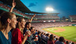 © abu - Excited fans cheer loudly at a packed baseball game, enjoying snacks in a vibrant stadium.
