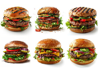 Wall Mural - Set of burgers with beef and cheese, isolated on white background