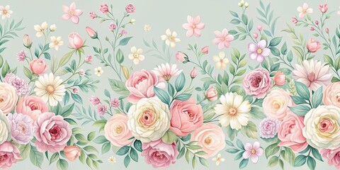  Seamless pattern with delicate flowers in pastel colors, floral, bloom, nature, abstract, texture, background, repeat