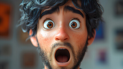 Wall Mural - Shocked scared amazed cartoon character adult man male guy person portrait in 3d style design on light background. Human people feelings expression concept