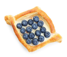 Wall Mural - Tasty puff pastry with blueberries isolated on white, top view