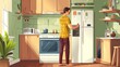 © Zhanna - A man in a yellow shirt fills a water bottle at the refrigerator in a bright kitchen filled with natural light. The space is decorated with wooden cabinets, green tiles, and various kitchen items.