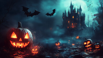 Halloween Background with Jack-o'-Lanterns, Bats, and a Haunted Castle