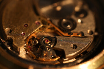 Mechanism of vintage wrist watch, closeup view