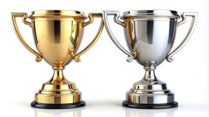 Two elegant gold and silver trophy cups isolated on background, gold, silver, trophy, cup, award, win