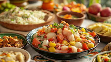 A table full of food with a bowl of salad in the middle. The salad is a mix of vegetables and fruits, including carrots, corn, and tomatoes. The table is set for a meal, and the food looks delicious