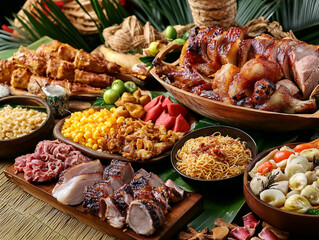 Wall Mural - A table full of food with a variety of meats and vegetables. Scene is inviting and delicious