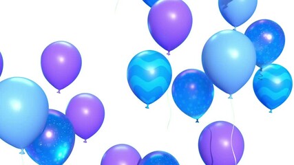 illustration of blue and purple balloons flying upwards isolated on white